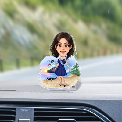 Personalized Bobblehead Caricature with Beach Theme Custom with Face Cutout & Name Birthday Gift for Girls Battery Powered Moving Head Tabletop Decor